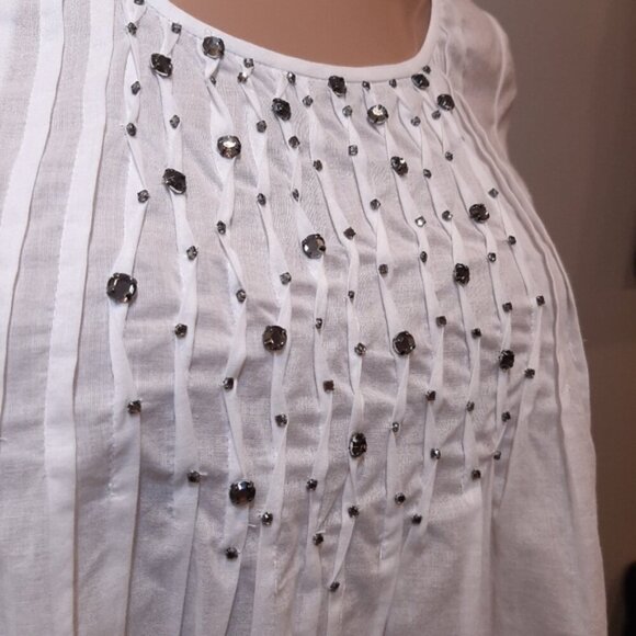 REBECCA TAYLOR Pintucked Blouse Short Sleeve Smoky Gem Embellished A-Line Top - Picture 3 of 14